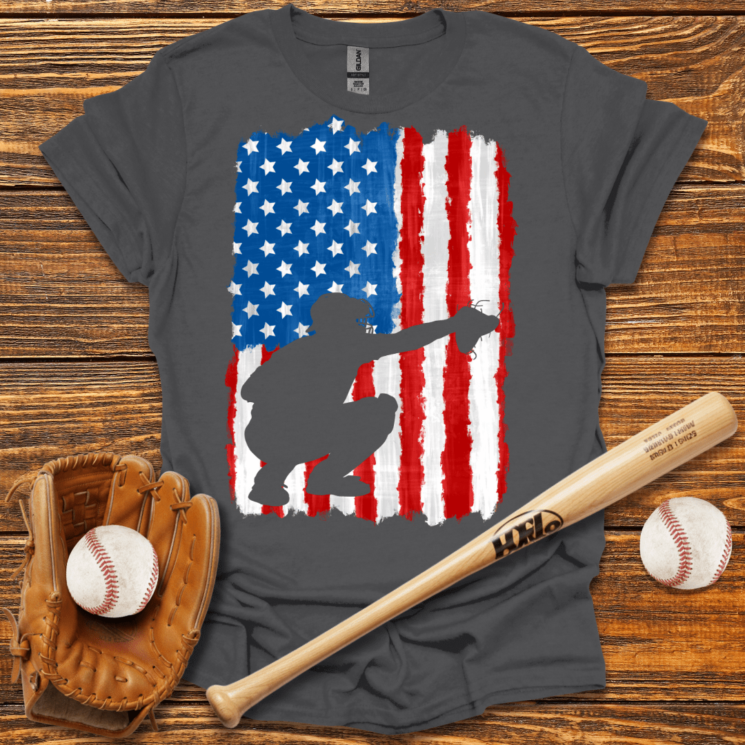 American Flag Catcher Adult T-Shirt