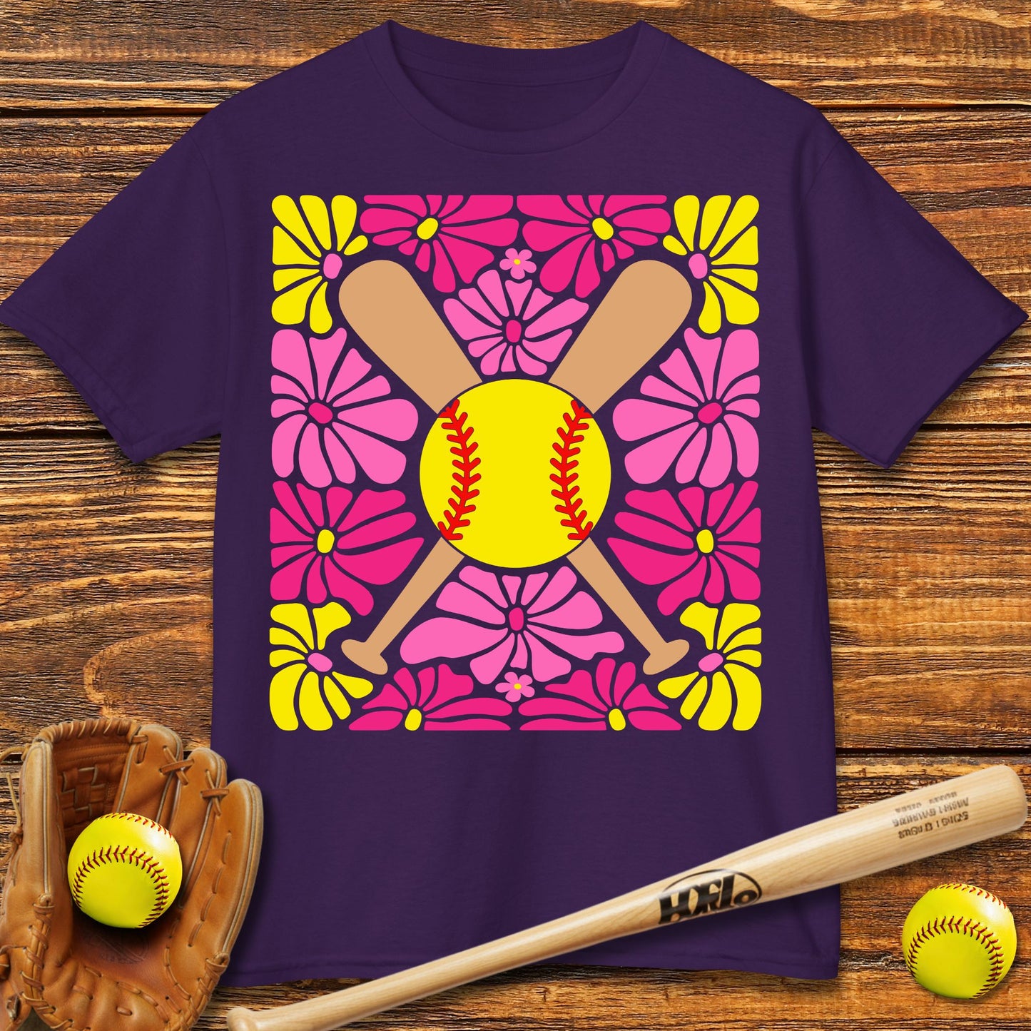 Boho Flower Softball Kids T-shirt