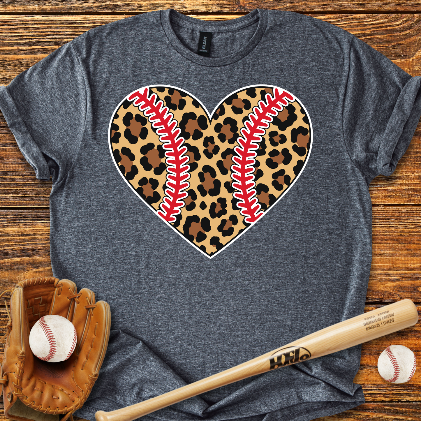 Leopard Baseball Heart Adult T-Shirt