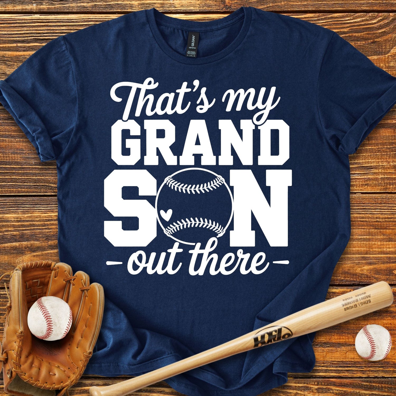 Thats my grandson out there baseball grandma shirt with glove and bat design on black tee