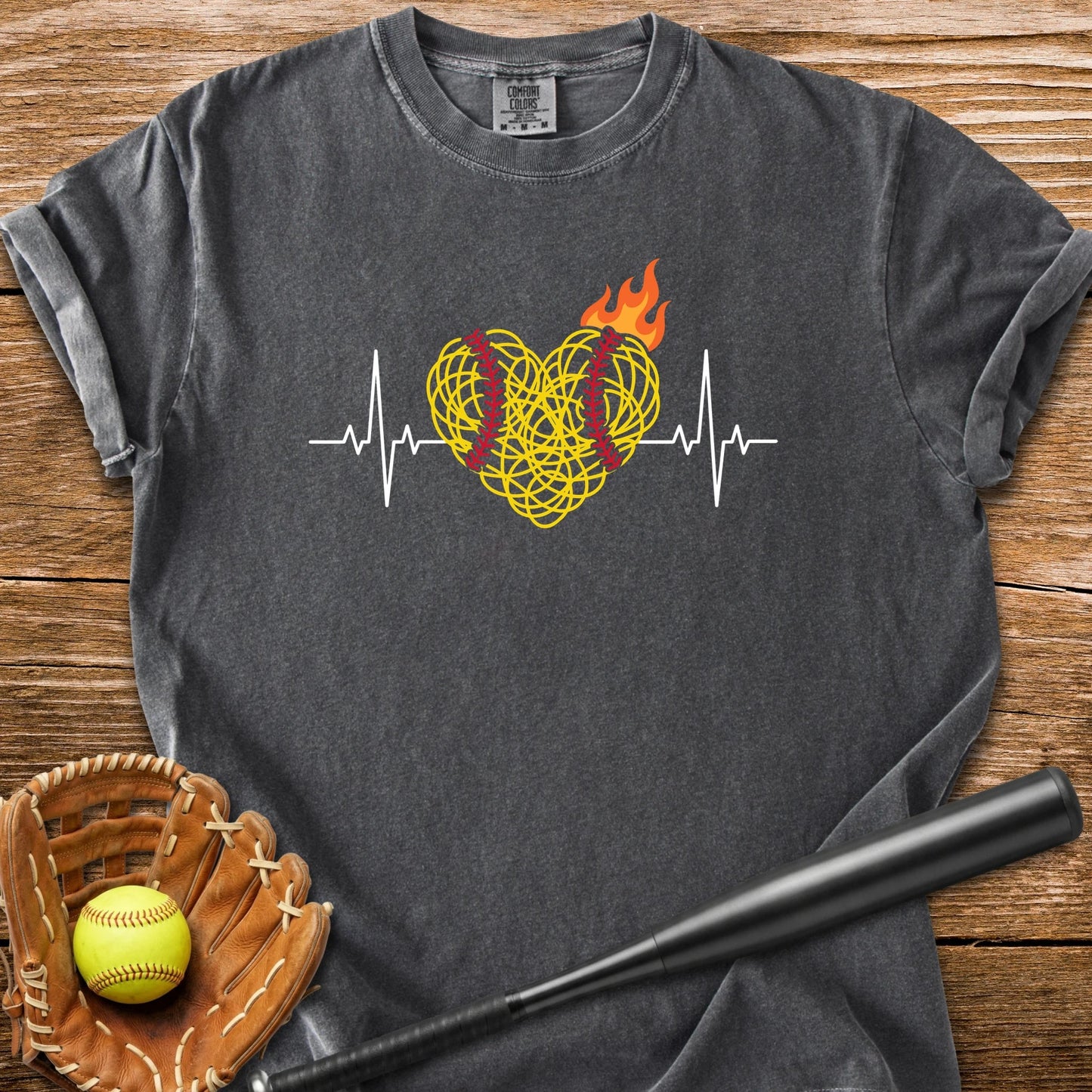 Flaming Softball Heartbeat - HomeRun PrintsComfort Colors