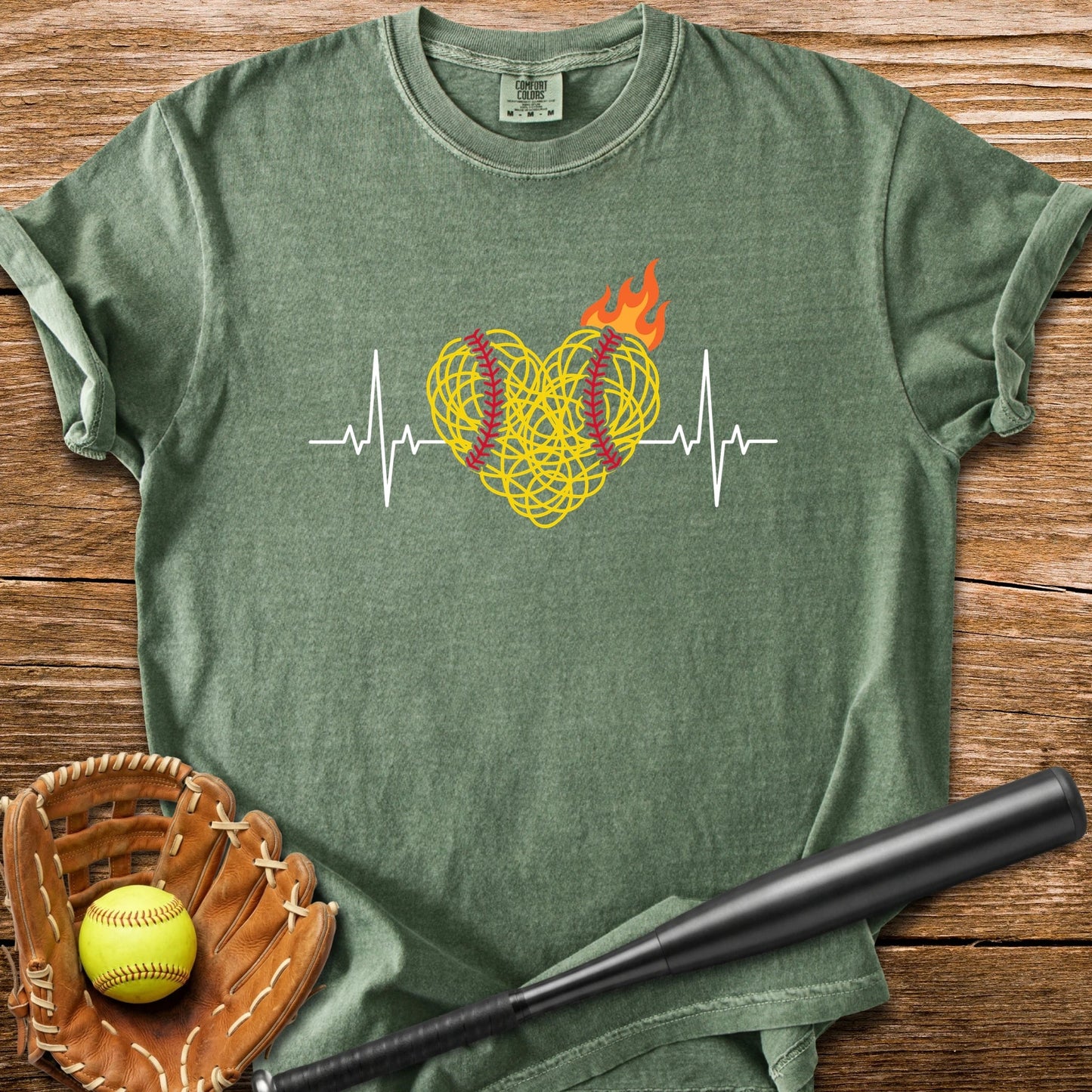 Flaming Softball Heartbeat - HomeRun PrintsComfort Colors
