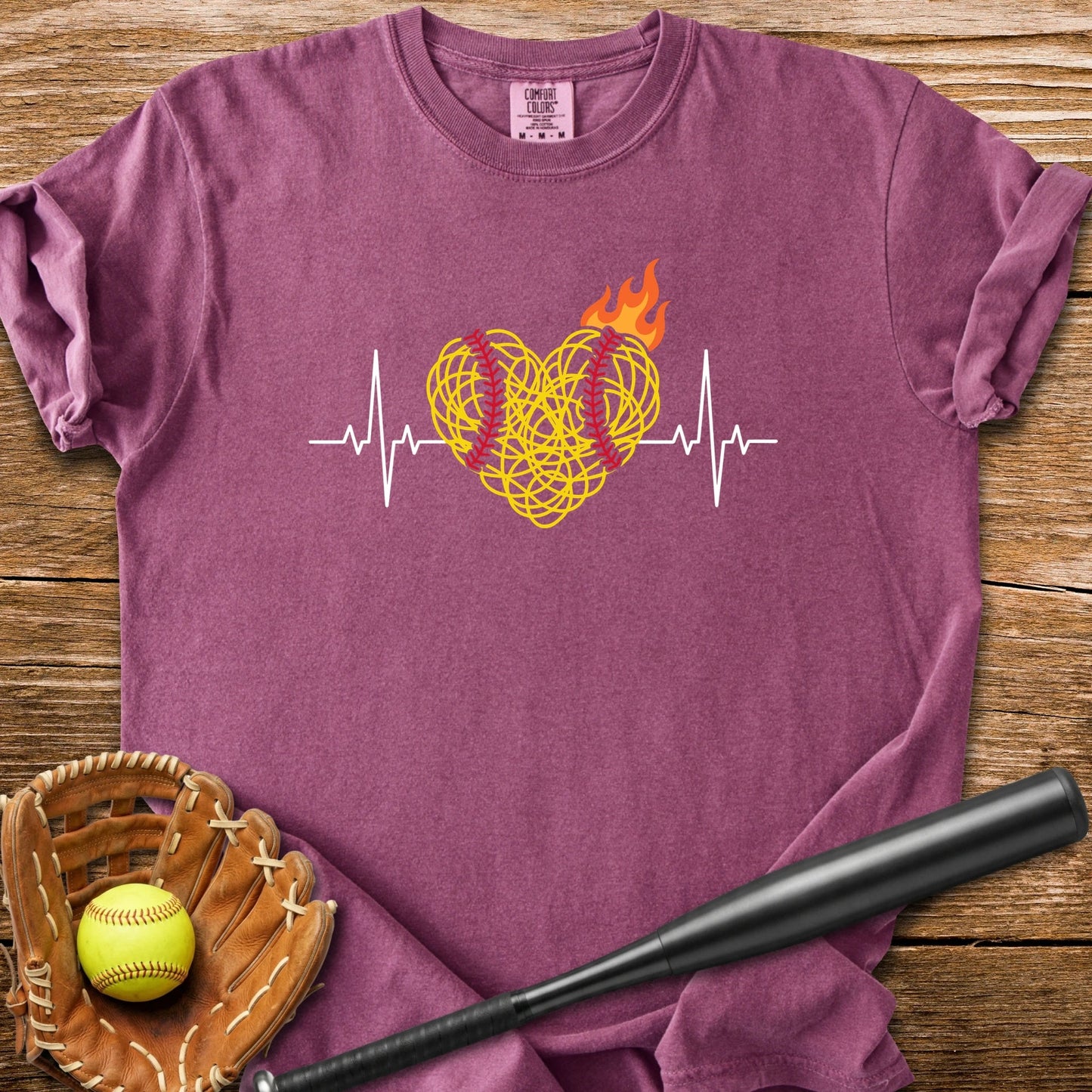 Flaming Softball Heartbeat - HomeRun PrintsComfort Colors